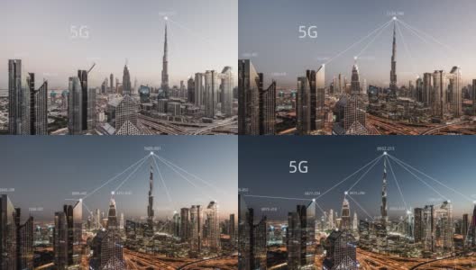 T/L PAN迪拜城市天际线和5G网络概念，从白天到夜晚/阿联酋高清在线视频素材下载
