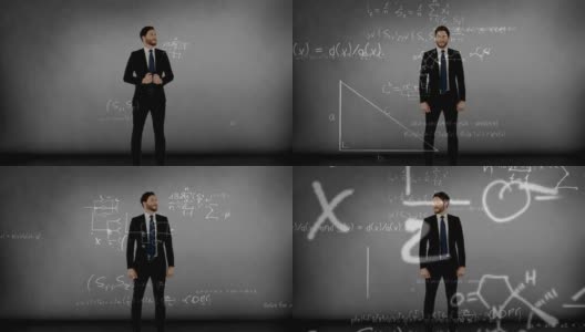 穿西装的男人骄傲地站在数学方程式前。高清在线视频素材下载