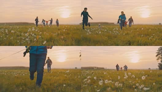 SLO MO Young家庭在日落时在草地上跑步高清在线视频素材下载