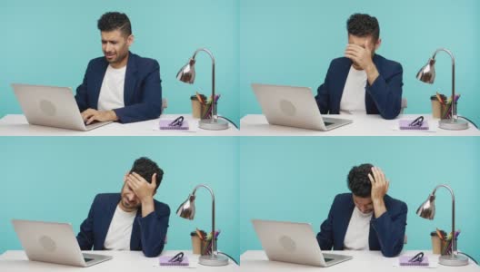 疲惫沮丧的男办公室职员，穿着西装，捂着脸，头靠在手上，用笔记本电脑工作出错高清在线视频素材下载