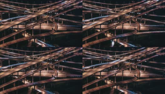 高架桥的空中鸟瞰图和繁忙的交通在夜间高清在线视频素材下载