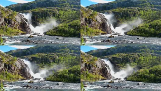 Kinsarvik Hordaland,挪威。哈当厄达高原的索特弗森瀑布。挪威著名的地标和春天阳光明媚的热门目的地。。4 k高清在线视频素材下载