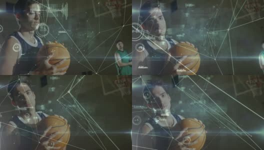 在体育馆内不同篮球运动员的数据处理和网络连接的动画高清在线视频素材下载