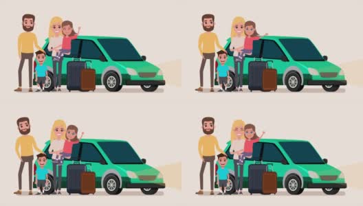 这是一个核心家庭和两个孩子站在车前的漫画。愉快的假期和新的冒险。旅行，家庭，在一起，度假，度假的概念。4 k的决议,Loopable。高清在线视频素材下载