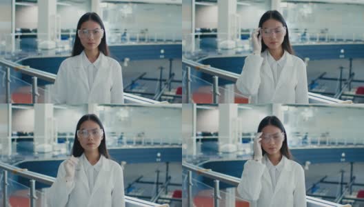韩国女科学家戴防护眼镜，穿白色实验室工作服室内高清在线视频素材下载