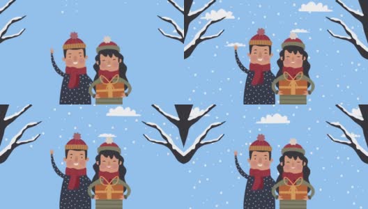 夫妇与礼物冬季场景动画高清在线视频素材下载