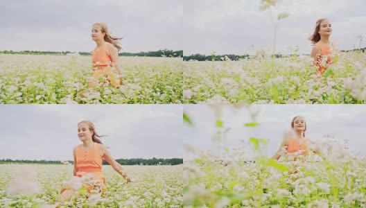 SLO MO女孩跳跃在荞麦地中间高清在线视频素材下载