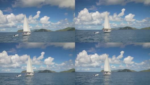 一艘单桅帆船在加勒比海航行的慢动作录像高清在线视频素材下载