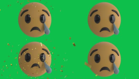 绿色背景下金色纸屑掉落在哭泣表情符号上的数字动画高清在线视频素材下载