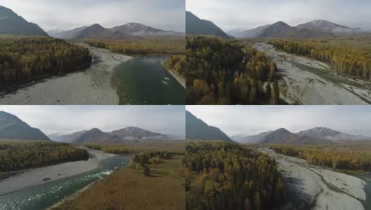空中镜头飞行在秋天的森林在山区高清在线视频素材下载