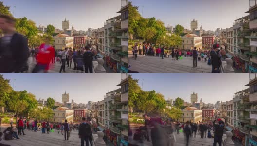 中国日落太阳澳门著名的废墟拥挤的台阶城市景观全景4k时间流逝高清在线视频素材下载