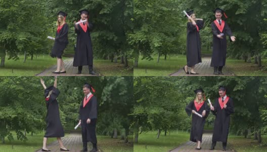 滑稽的毕业生穿着学士服，毕业后到处跳舞，鬼混高清在线视频素材下载