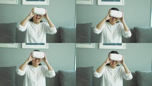 亚洲女人戴着虚拟现实头盔高清在线视频素材下载