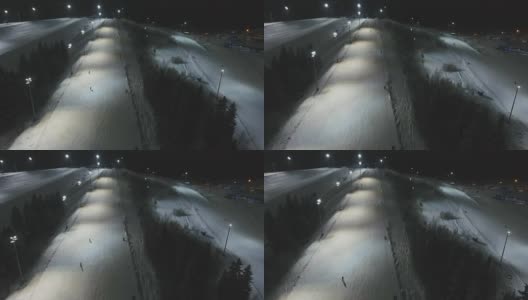 晚上去滑雪胜地。鸟瞰图高清在线视频素材下载