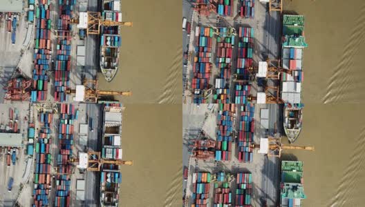商港期间用集装箱船装卸，集装箱船由拖船拉动高清在线视频素材下载
