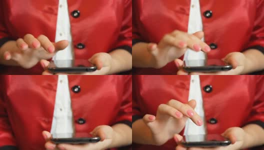 女性的手在智能手机上滑动页面，使用应用程序，在网上购物高清在线视频素材下载