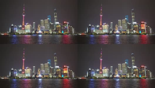 东方明珠塔和陆家嘴商务区摩天大楼与黄浦江在中国上海的浦东天际线。高清在线视频素材下载