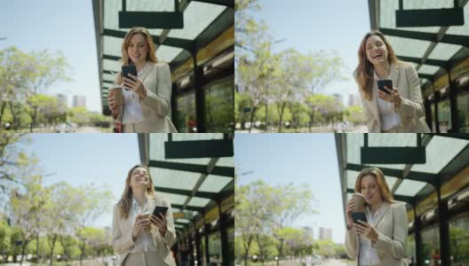 美女在等公交车的时候，一边在手机上看一些有趣的东西，一边喝着外卖咖啡高清在线视频素材下载
