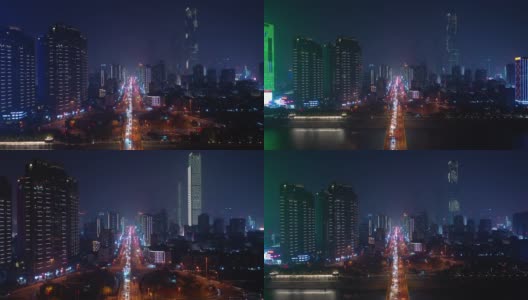 夜景照亮长沙市市中心滨江交通大桥街道道路航拍全景4k中国高清在线视频素材下载