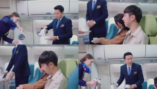 白种人工作人员在飞机上为亚洲年轻夫妇提供饮料。高清在线视频素材下载