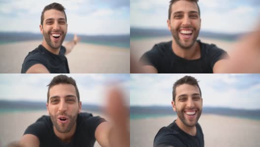 一个快乐的年轻人在海滩上自拍高清在线视频素材下载