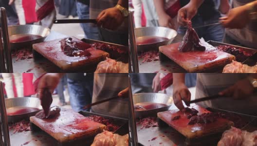 在食品摊上切肉高清在线视频素材下载