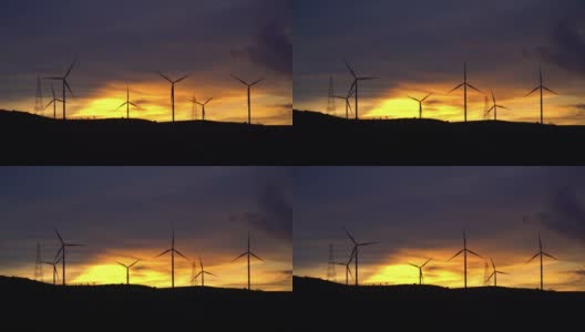 4k日落风力涡轮机农场替代能源。高清在线视频素材下载