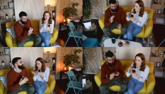 夫妇俩在家吃蛋糕高清在线视频素材下载