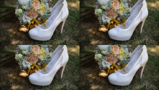 婚礼花束和漂亮的婚礼鞋高清在线视频素材下载