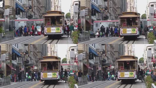 加利福尼亚州旧金山Powell-Hyde线缆车上的乘客高清在线视频素材下载