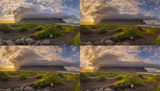 4k延时电影美丽的日落场景与戏剧性的云在冰岛，夏季高清在线视频素材下载