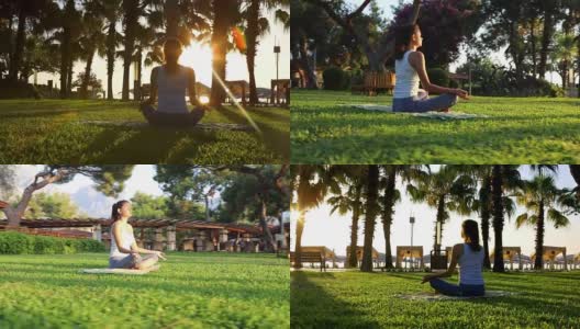 早上在公园里冥想，女人练习瑜伽高清在线视频素材下载