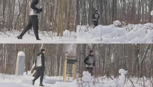 一个人在冬天的森林里晨跑。运动员奔跑的人高清在线视频素材下载
