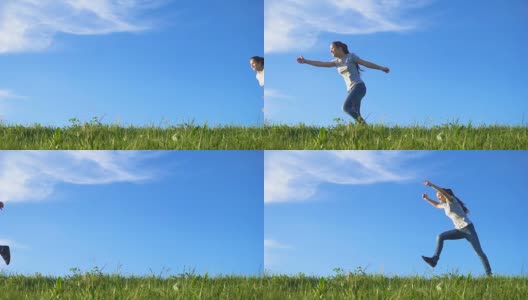 快乐的女孩奔跑在绿色的草山上，对着蓝天高清在线视频素材下载