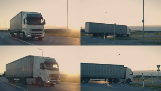 一辆带拖车的半卡车在高速公路上行驶的后续镜头。清晨，白色卡车驶过工业仓库。高清在线视频素材下载