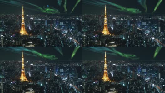 东京塔与极光的延时高清在线视频素材下载