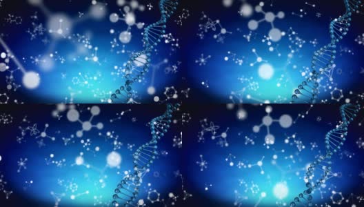 多分子和化学元素的动画和DNA菌株漂浮在蓝色背景上高清在线视频素材下载