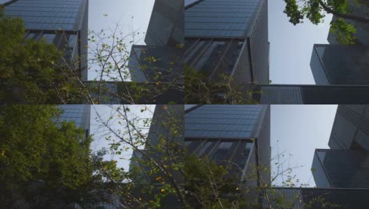 阳光明媚的一天杭州市区写字楼前方慢镜头全景4k中国高清在线视频素材下载
