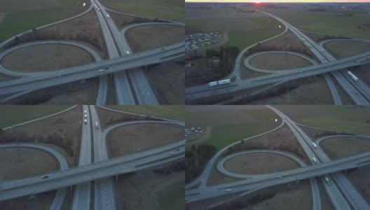 鸟瞰图的高速公路交叉口与移动的交通车辆。高清在线视频素材下载