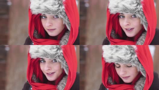 红发冬季肖像红围巾高清在线视频素材下载