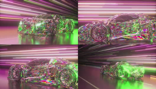 未来的概念。钻石跑车在发光的霓虹灯线的背景上。粉红色的绿色。三维动画高清在线视频素材下载
