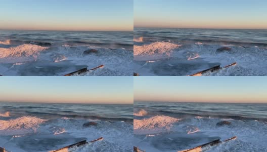 密歇根湖海滩的冬季日出高清在线视频素材下载