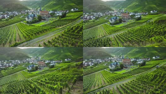 AERIAL:葡萄园和田园村庄，德国Ahrtal高清在线视频素材下载