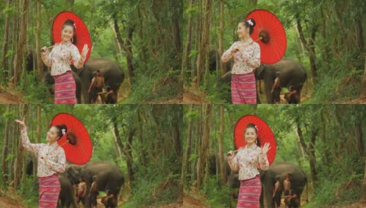 肖像迷人的亚洲女人在传统的东南亚服装舞蹈在自然的背景。高清在线视频素材下载