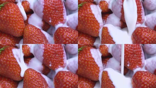 成熟红草莓与酸奶混合的慢动作视频高清在线视频素材下载