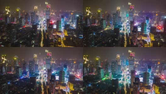 飞行飞越南京市市中心区夜间照明显示交通街道空中延时全景4k中国高清在线视频素材下载