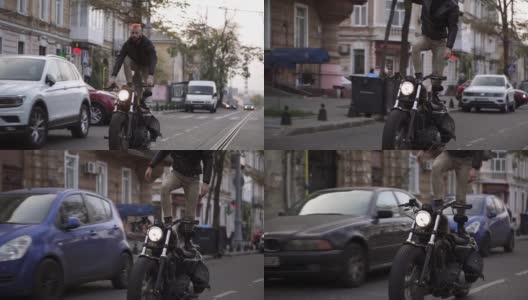 摩托车特技，特技演员，在城市里骑特技高清在线视频素材下载