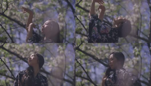 美丽的亚洲女子在阳光下盛开的樱花花园跳舞。自信苗条迷人的女士在和服移动的手看别处。灵感和女性概念。高清在线视频素材下载