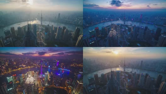 从白天到夜晚，上海商务区的时间推移鸟瞰图高清在线视频素材下载