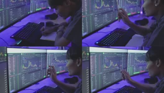 一名年轻的亚洲男子一边在办公室工作到深夜，一边研究股票市场数据高清在线视频素材下载